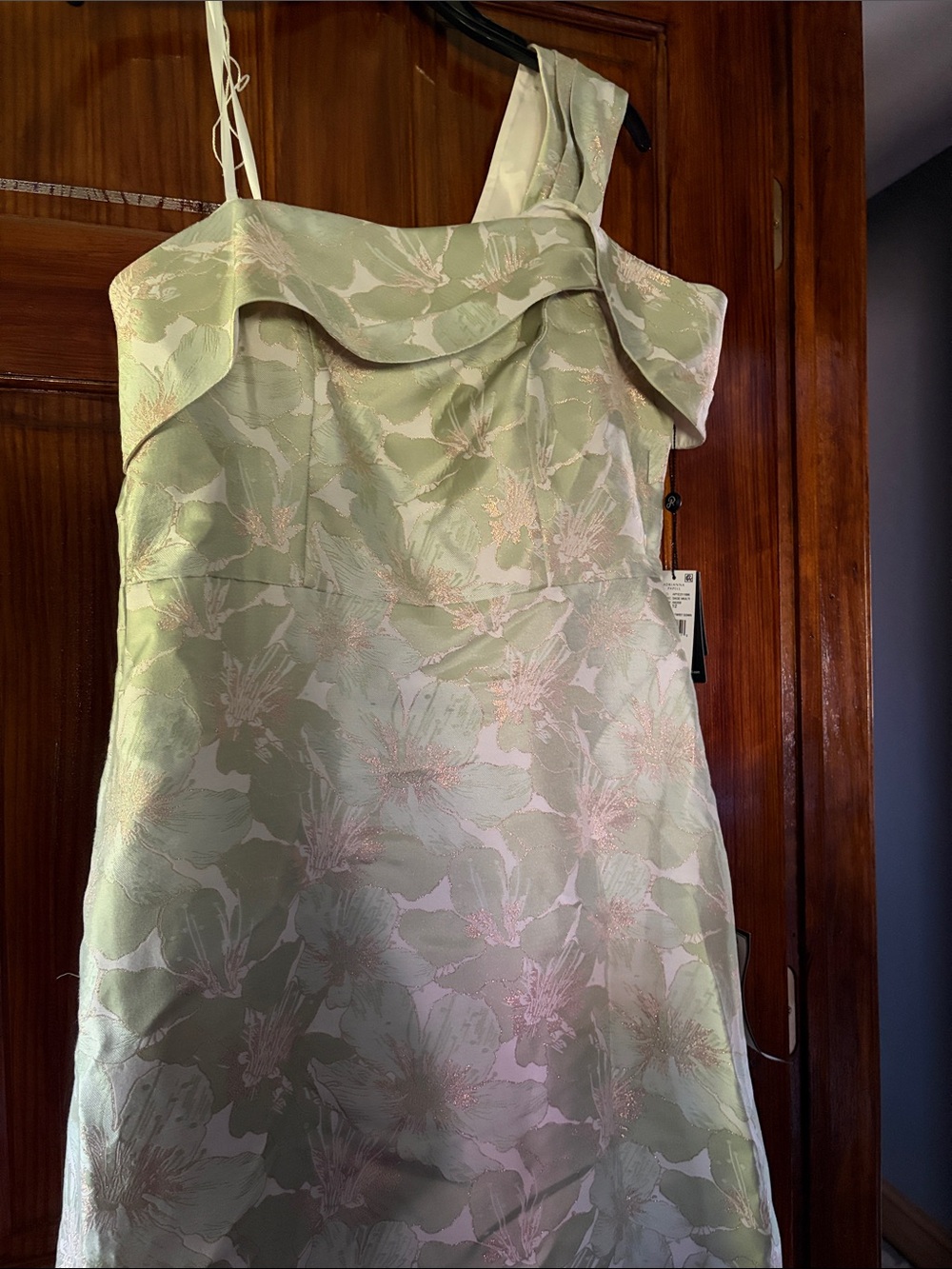 Adrianna Papell One-Shoulder Floral Jacquard Dress in Pale Green and Blush Pink